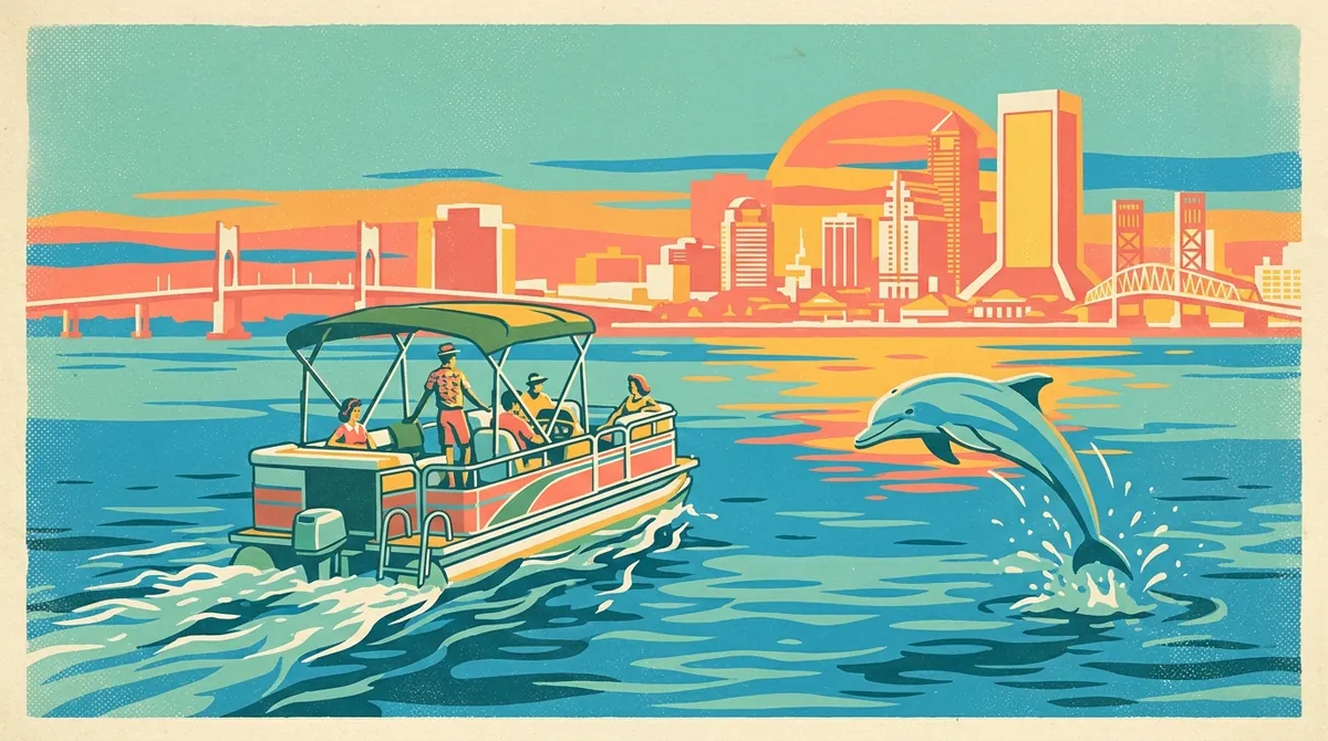Retro postcard of a sunset river cruise with a leaping dolphin and the skyline