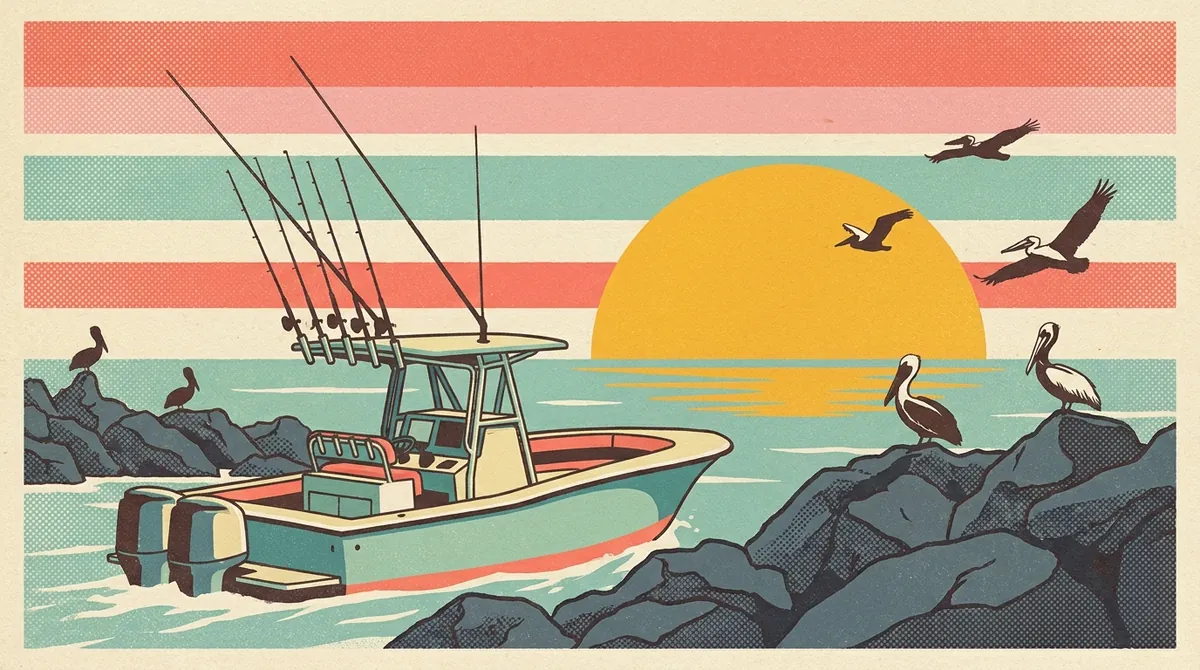 Retro postcard of a fishing charter heading out past the Mayport jetties at dawn