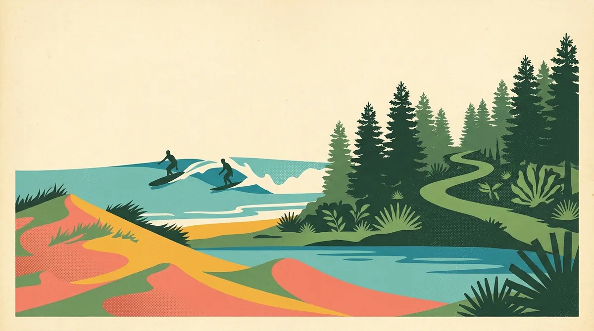 Retro postcard of Hanna Park: surf break, dune trails and a freshwater lake