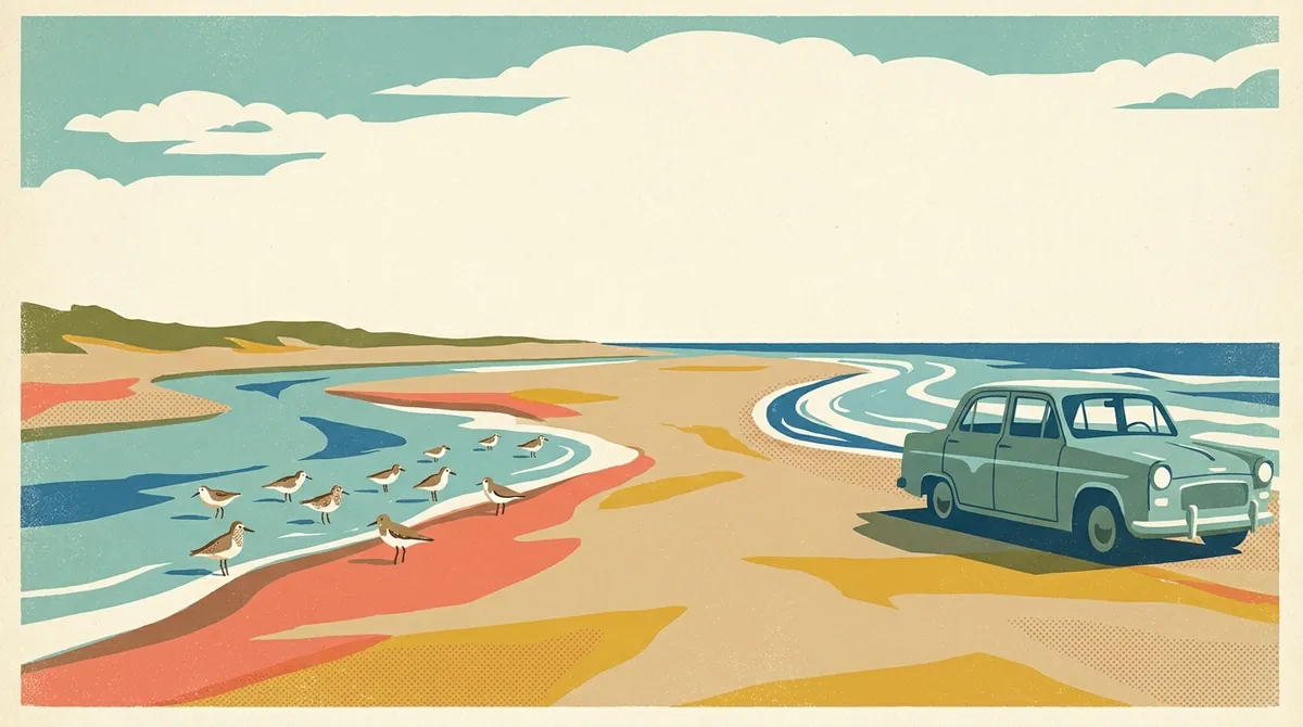 Retro postcard of the drive-on sand beach and shorebirds at Huguenot Memorial Park
