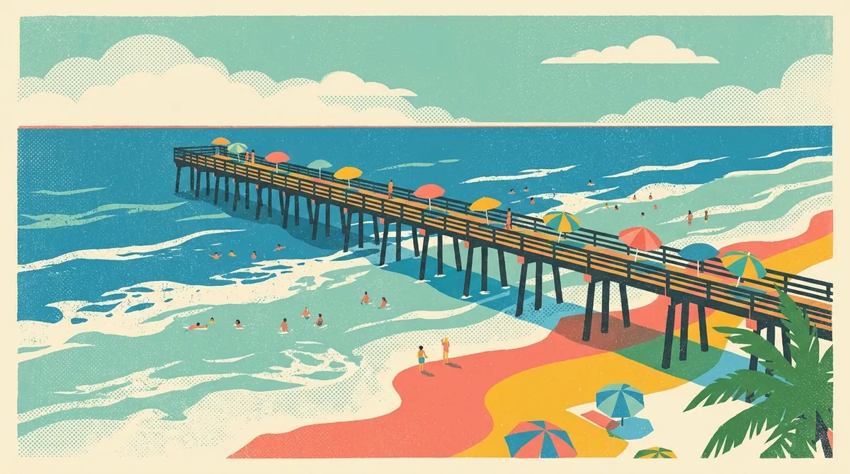 Retro postcard of a lively day at the Jacksonville Beach pier with umbrellas
