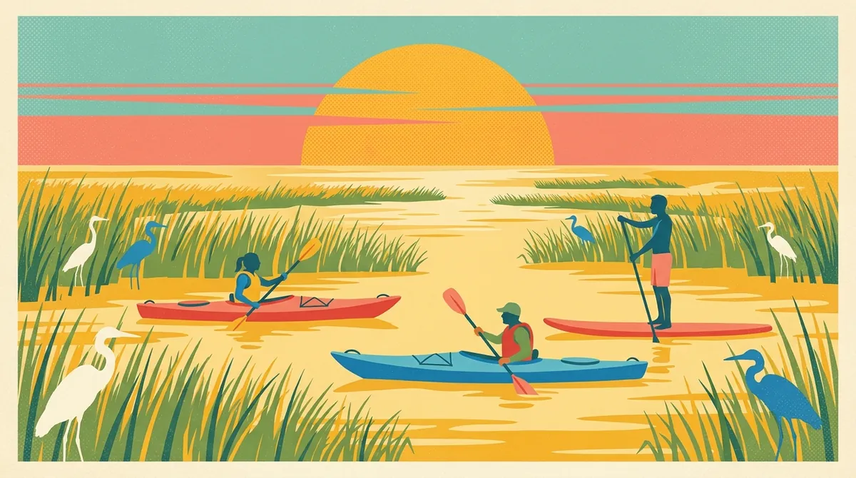 Retro postcard of kayakers and a paddleboarder gliding through a salt marsh