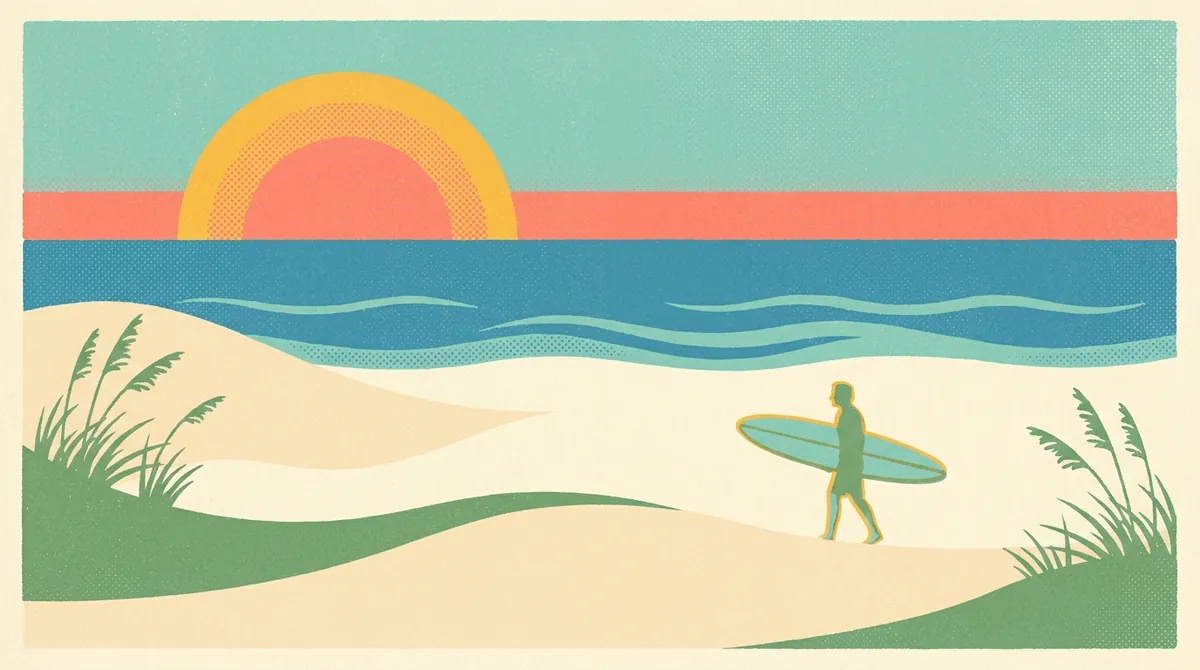 Retro postcard of a calm beach at sunrise with a lone surfer