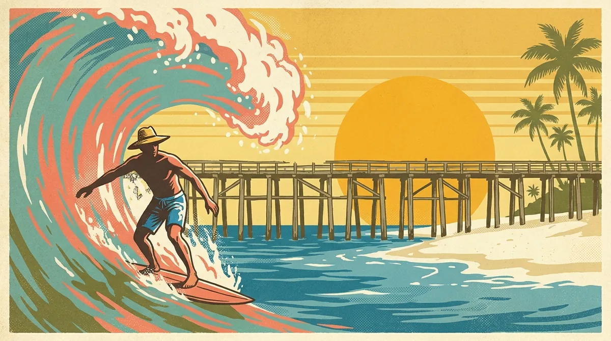 Retro postcard of a surfer carving a wave beside a Jacksonville pier