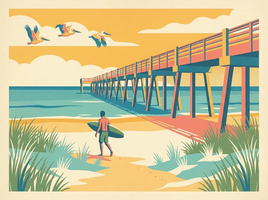 Jacksonville Beach fishing pier with a surfer and pelicans