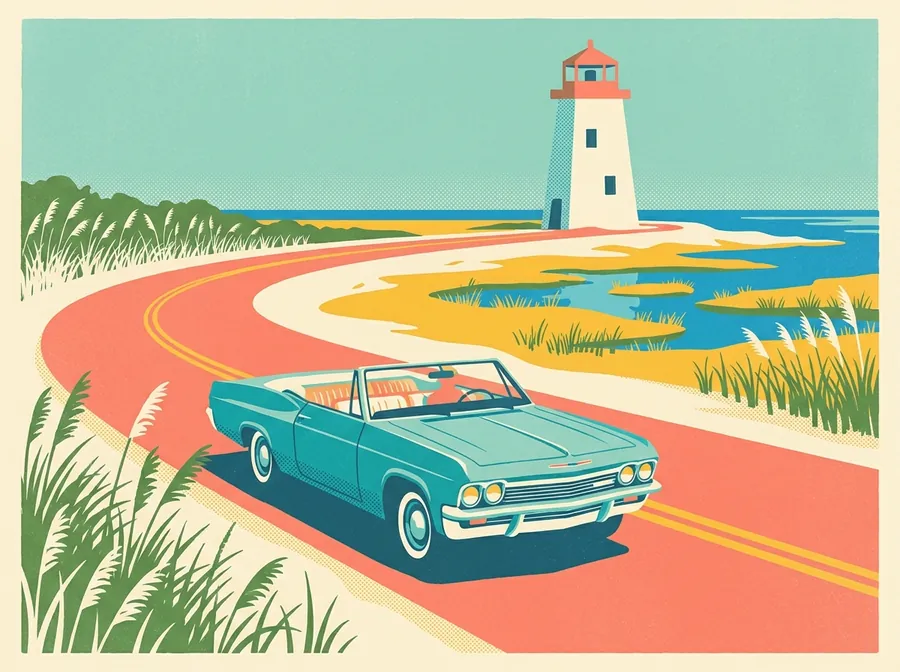 A vintage teal convertible on the A1A coastal highway past a lighthouse