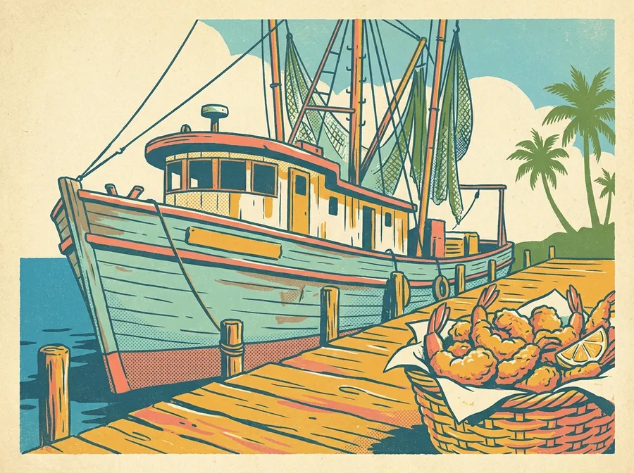 A Mayport shrimp boat at the dock beside a basket of fried local shrimp