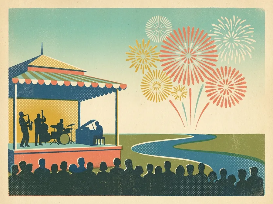 A riverfront jazz festival stage with fireworks overhead