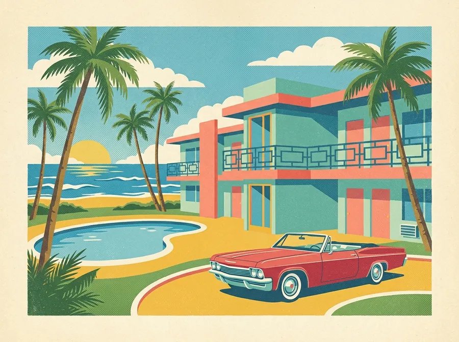A retro oceanfront Jacksonville motel with palms, a pool and a vintage convertible
