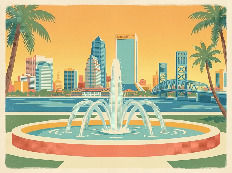 Friendship Fountain and the downtown Jacksonville skyline at golden hour