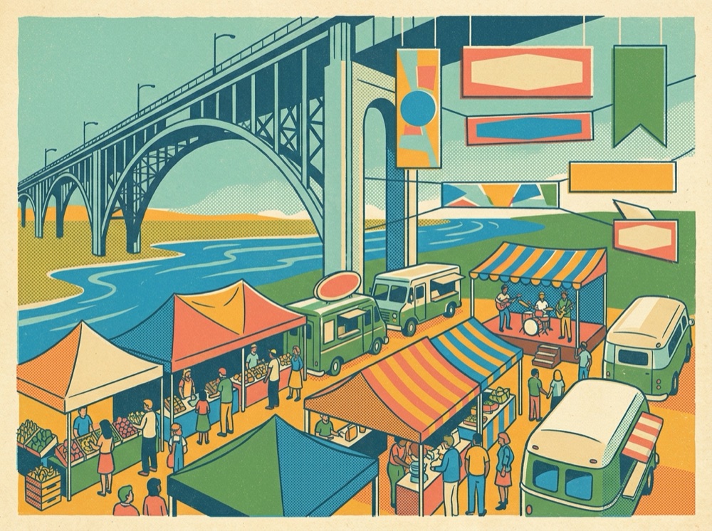 Retro postcard of an open-air arts market under a river bridge