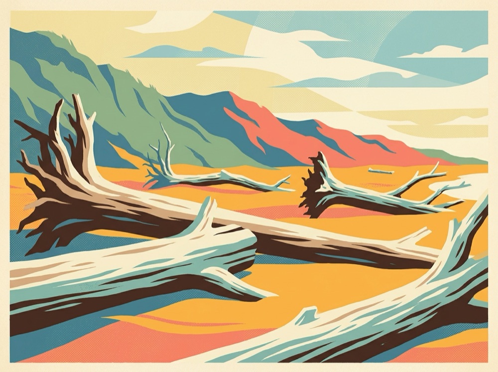 Retro postcard of salt-bleached driftwood and fallen oaks on a dune beach