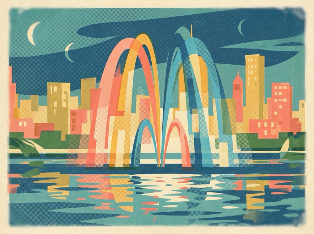 Retro postcard of a giant lit fountain by the river with a city skyline