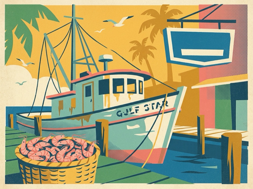Retro postcard of a shrimp boat at the dock with a basket of fresh shrimp