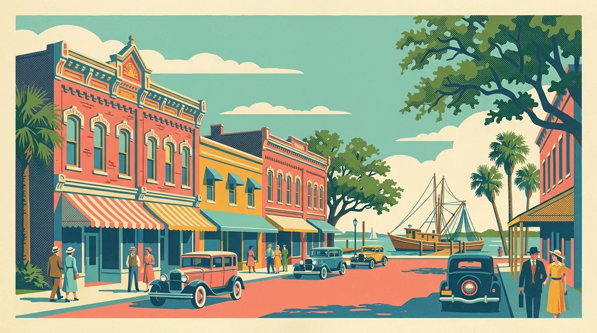 Retro postcard of the Victorian seaport main street in Fernandina Beach, Amelia Island