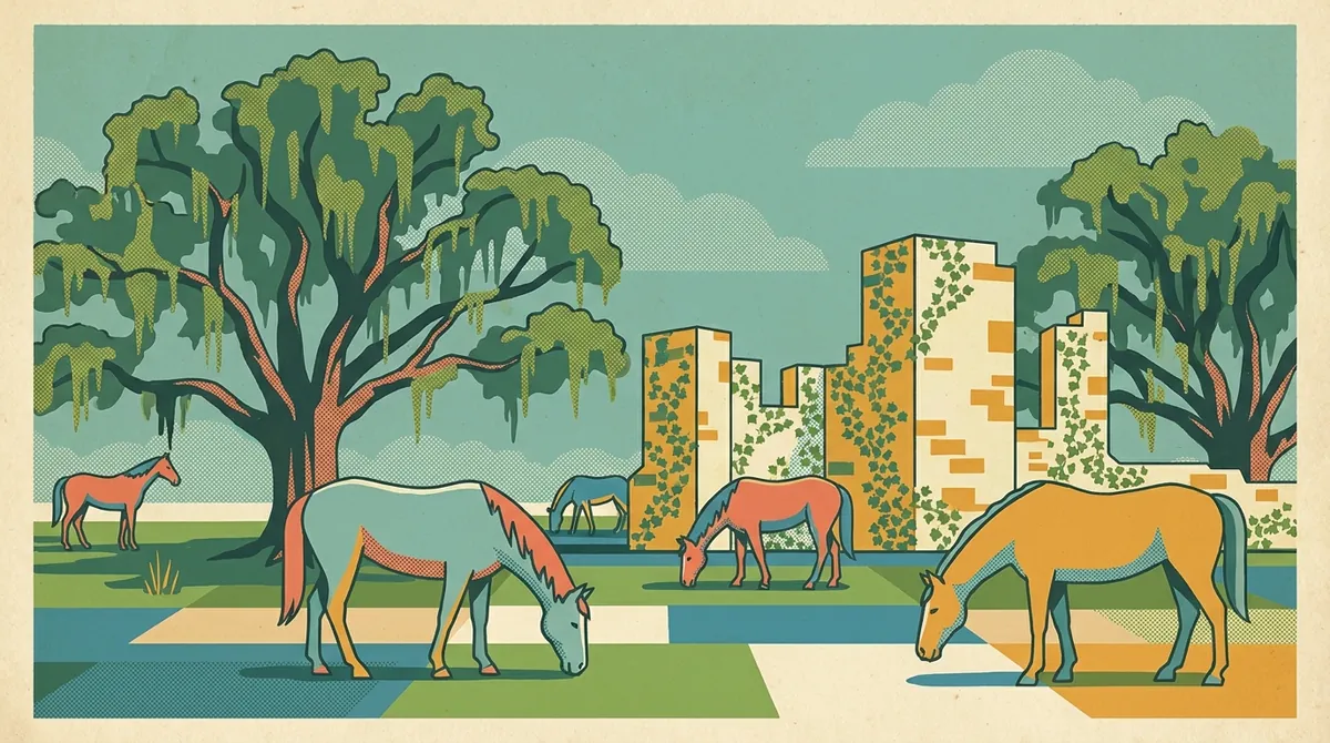 Retro postcard of wild horses among the Dungeness ruins on Cumberland Island
