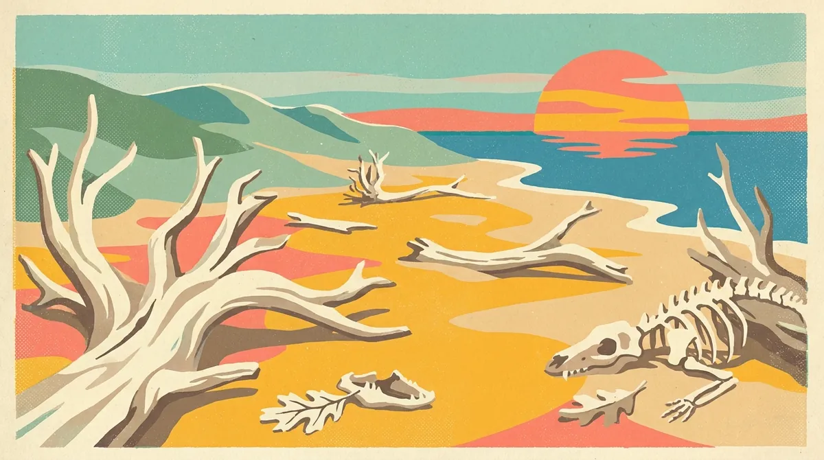 Retro postcard of Boneyard Beach driftwood on the Talbot Islands