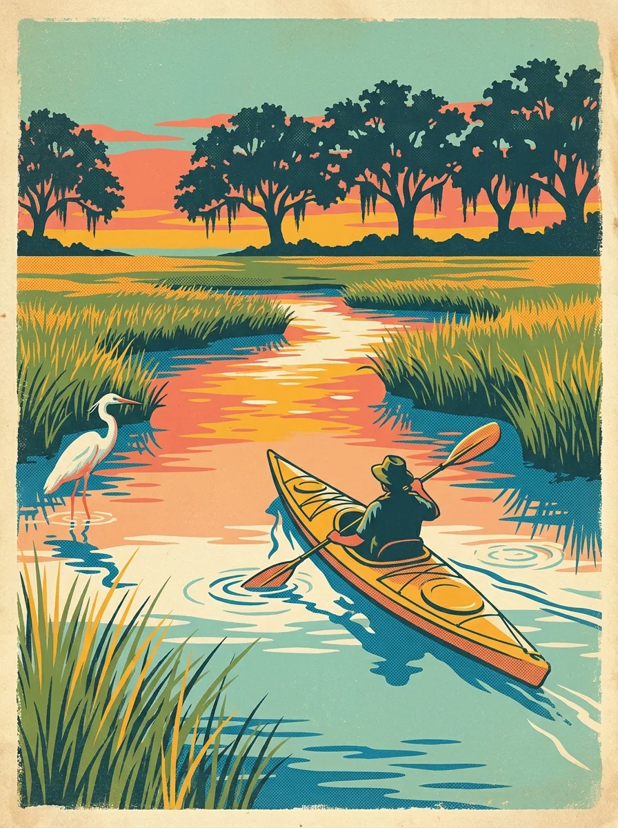 Concept illustration of a kayak on a salt-marsh creek at golden hour with an egret on the bank