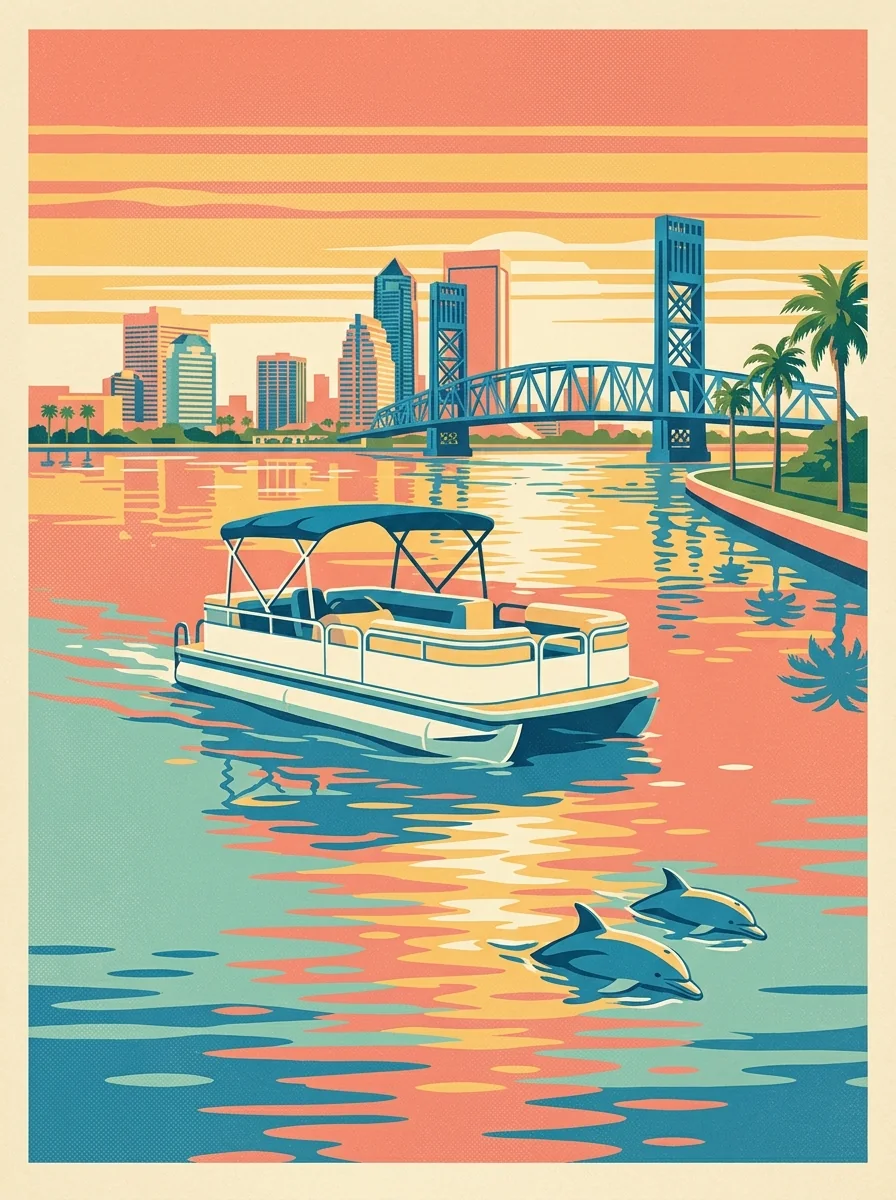 Concept illustration of a pontoon tour boat on the St. Johns River at sunset with the downtown skyline behind