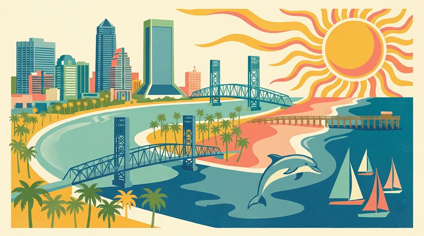 Vintage postcard illustration of the Jacksonville riverfront skyline and the St. Johns River