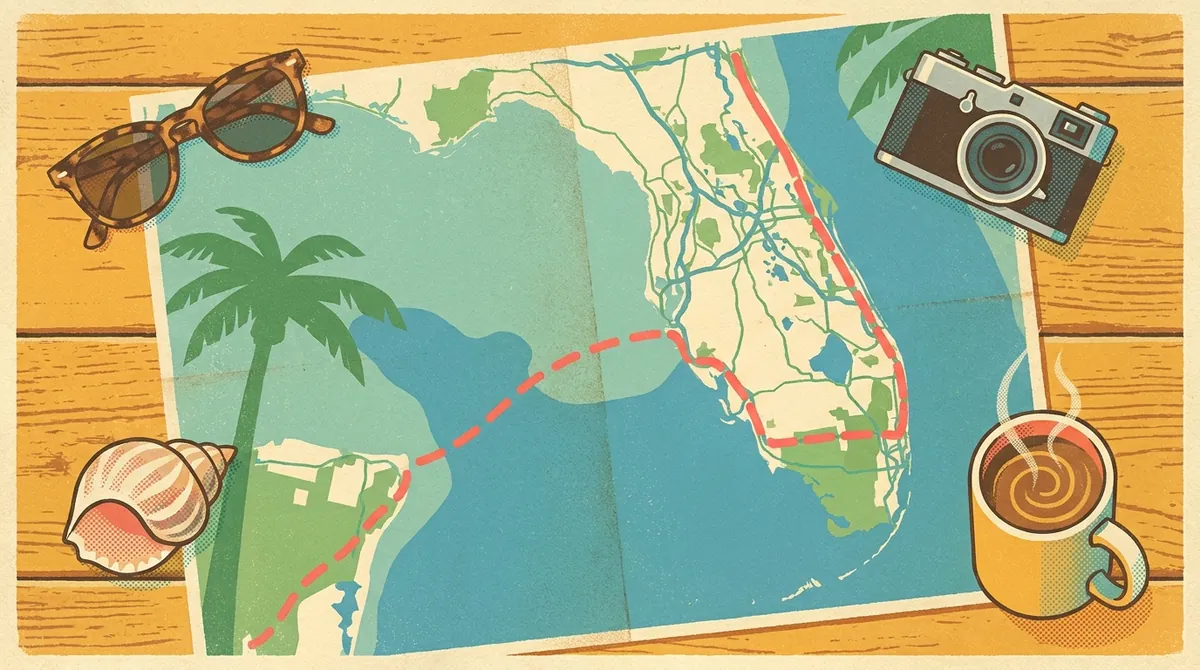 Retro postcard of a vintage Florida road map with a dashed travel route, sunglasses and a camera