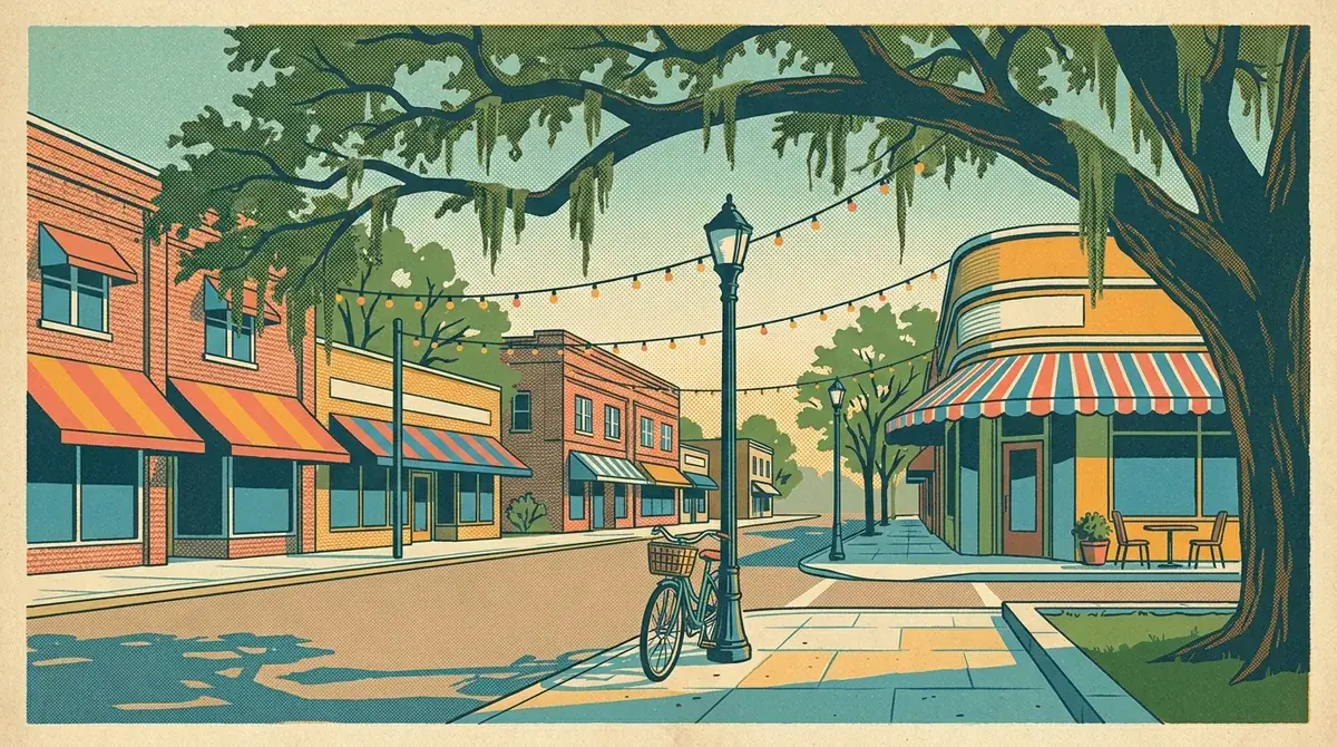 Retro postcard of a leafy historic Jacksonville neighborhood street with brick storefronts and live oaks