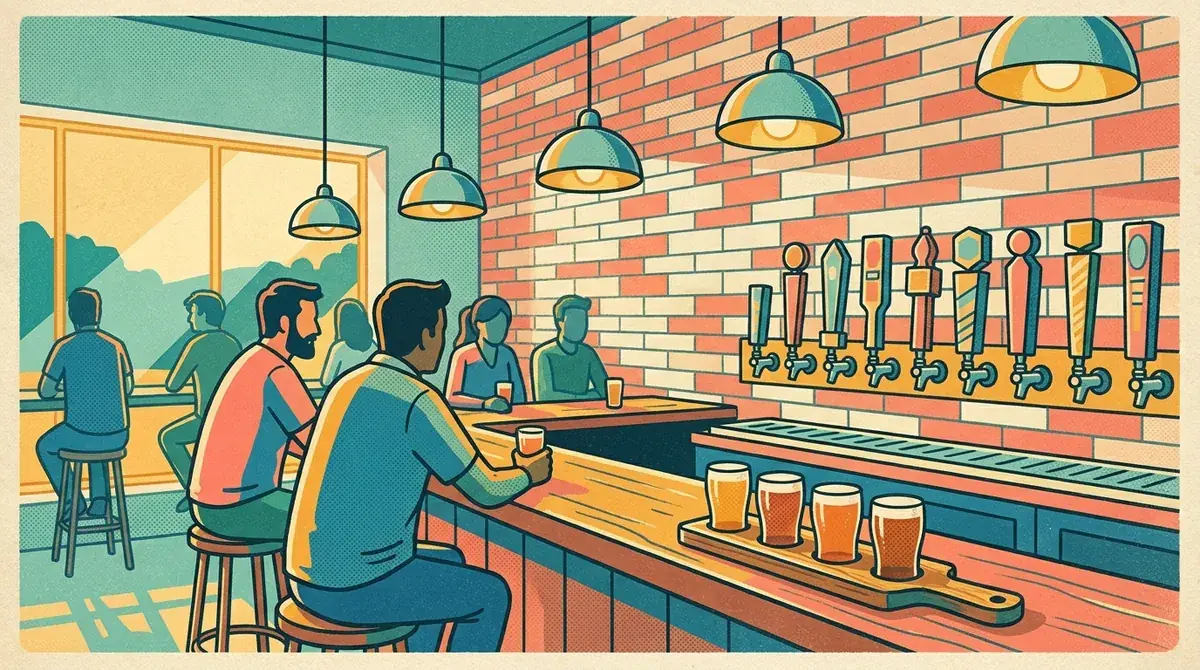 Retro postcard of a craft-beer taproom with tap handles and a flight of beers