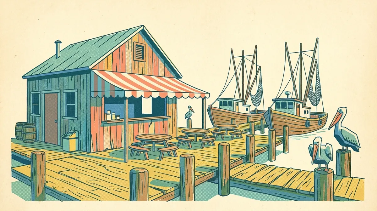 Retro postcard of an Old-Florida seafood shack on the Mayport docks