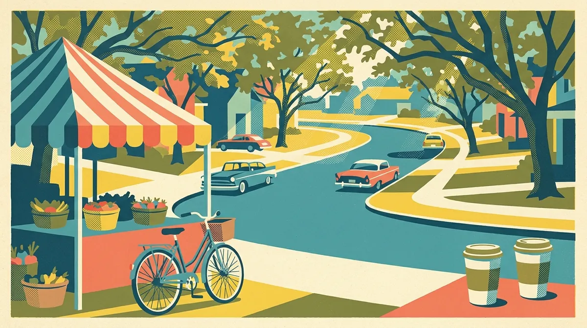 Retro postcard of a tree-lined street on a perfect Saturday morning with a farmers market