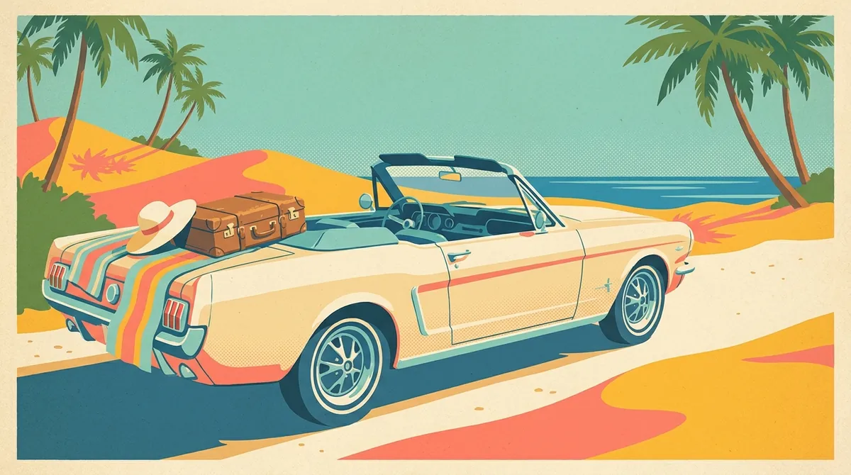 Retro postcard of a vintage convertible packed for a weekend at the beach