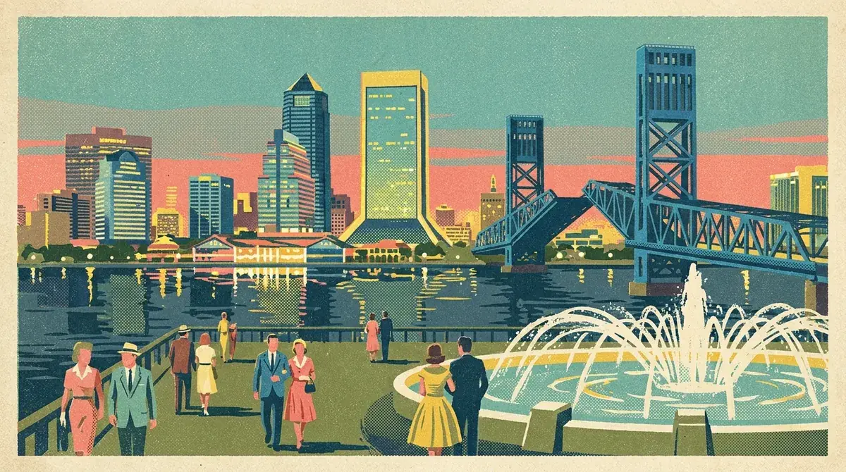 Retro postcard of the downtown Jacksonville riverwalk and skyline at dusk