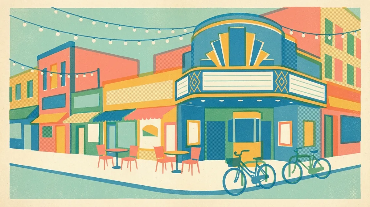 Retro postcard of a funky Five Points street corner with vintage shops and cafe tables