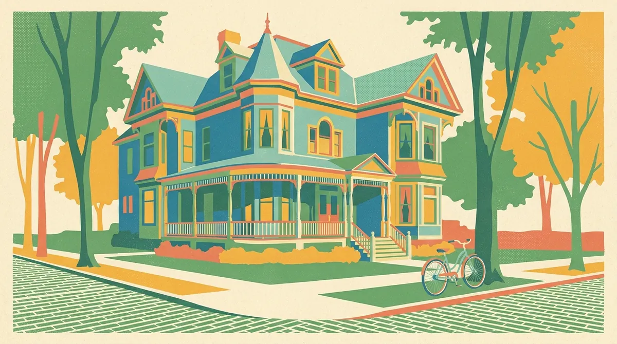 Retro postcard of a restored Victorian mansion on a brick street in Historic Springfield