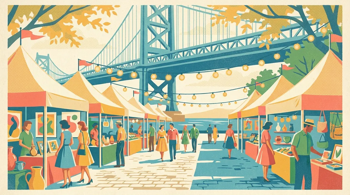 Retro postcard of a riverside arts market under a tall blue bridge in Riverside-Avondale