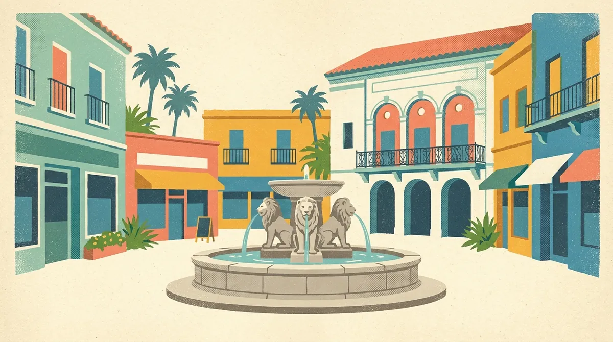 Retro postcard of San Marco Square with its three stone lions and fountain