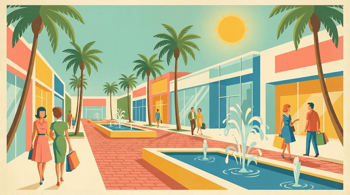 Retro postcard of an open-air shopping center with palm-lined walkways at St. Johns Town Center