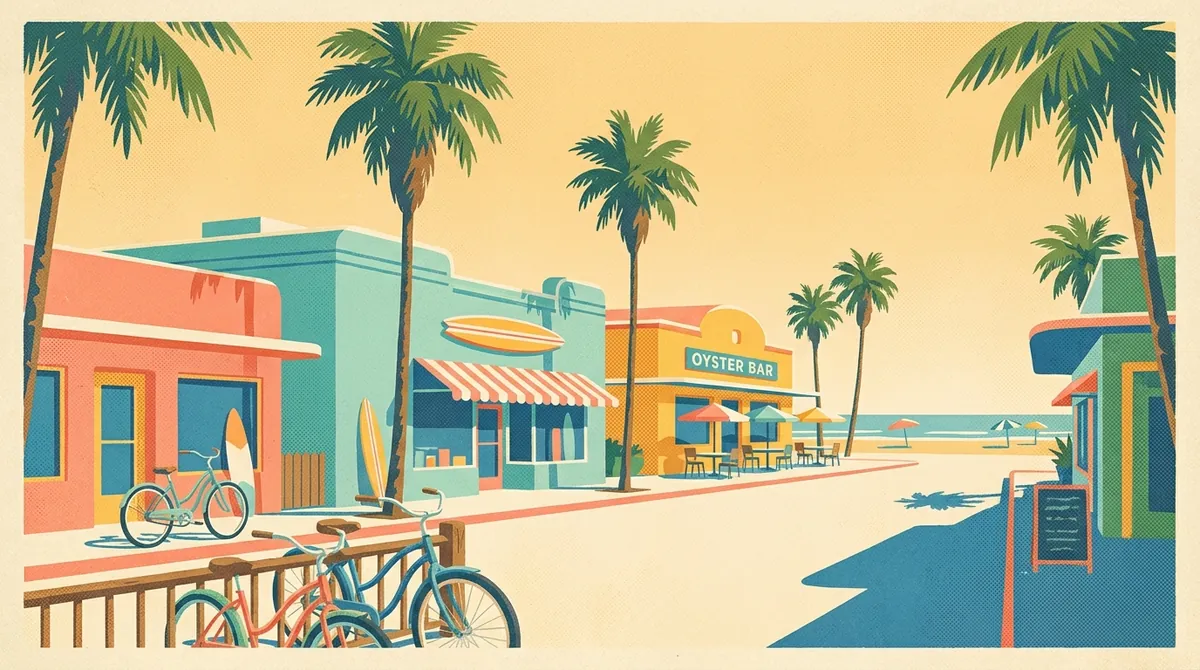 Retro postcard of a laid-back beach-town main street near the ocean