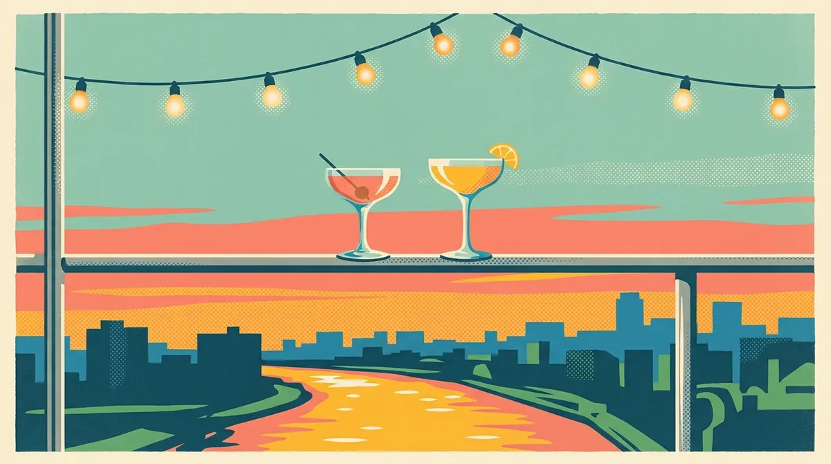 Retro postcard of a romantic rooftop bar at dusk overlooking the river skyline