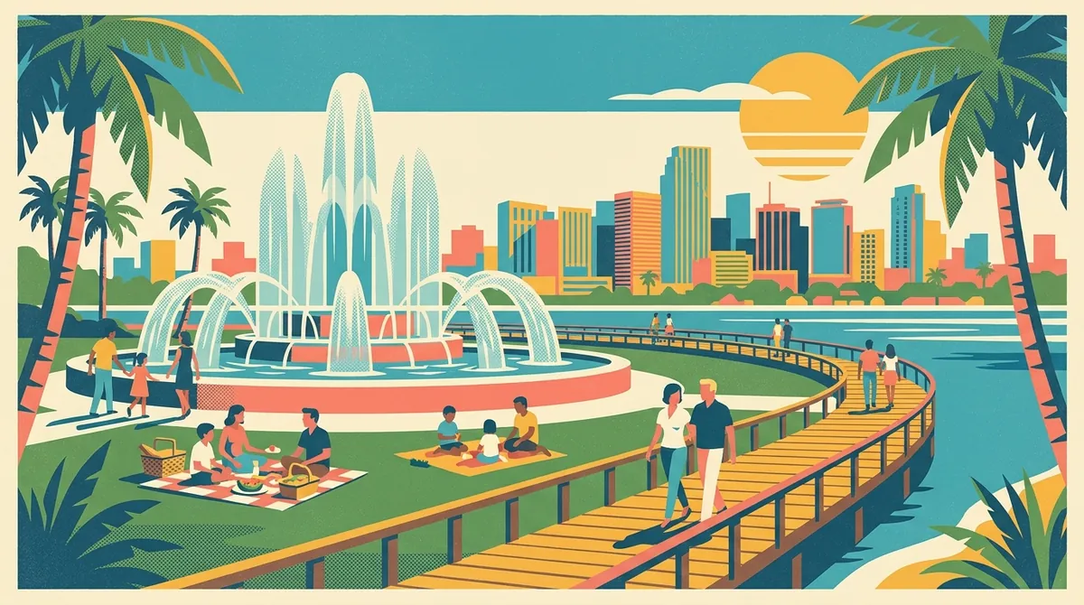 Retro postcard of a riverfront park with a fountain and families, free fun
