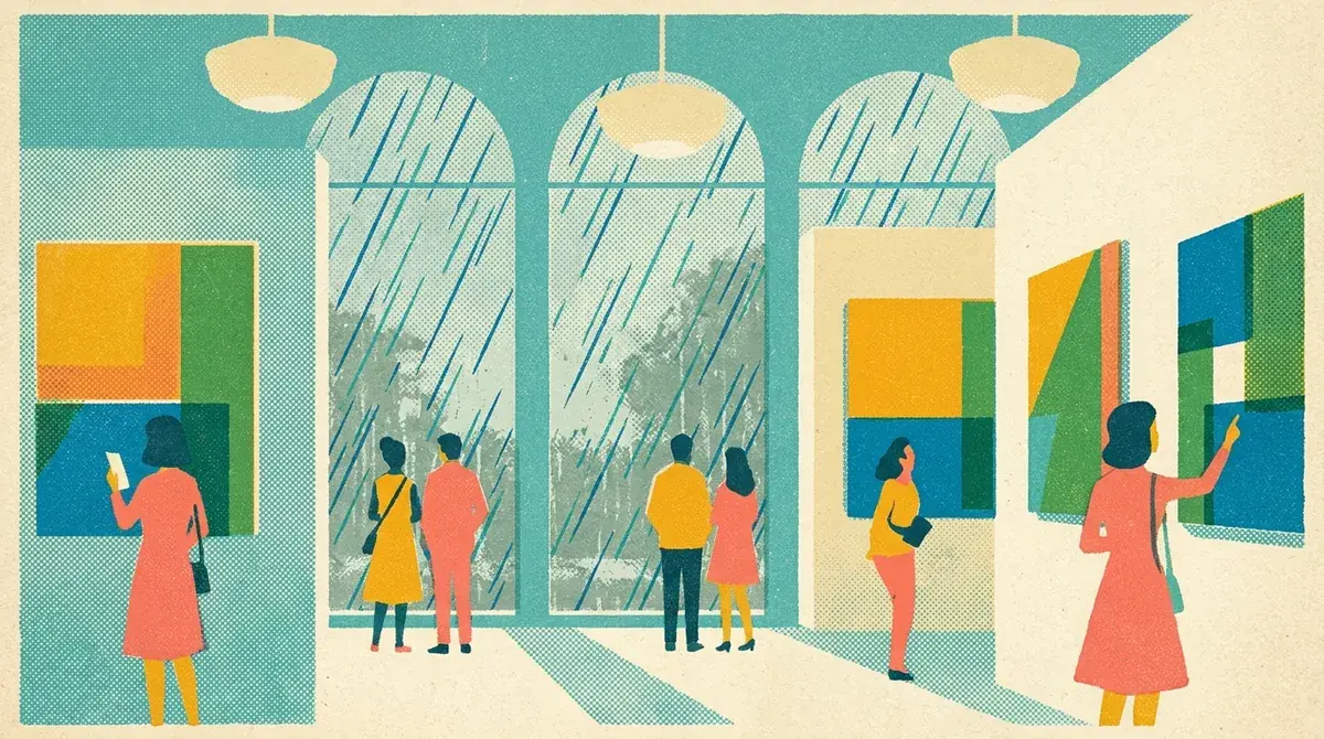 Retro postcard of a cozy rainy day in a bright museum gallery