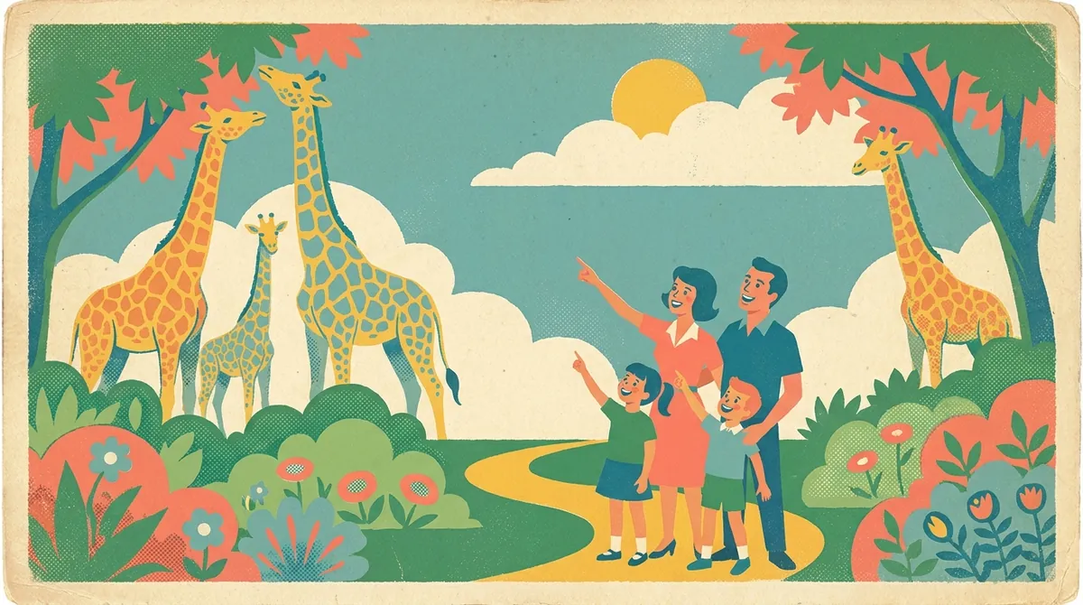 Retro postcard of a family day at the Jacksonville Zoo with giraffes