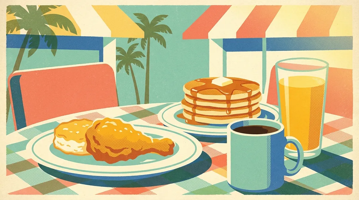Retro postcard of a sunny Jacksonville brunch spread of biscuits and pancakes