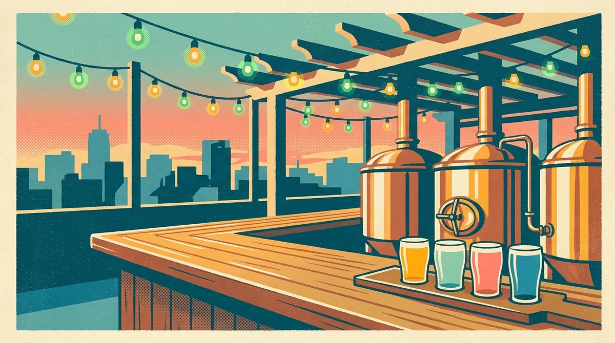 Retro postcard of a craft brewery rooftop taproom with a flight of beers and the skyline