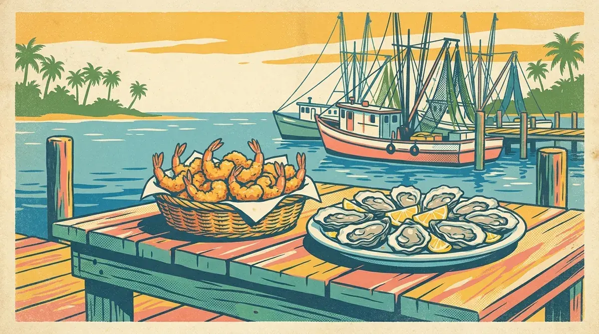 Retro postcard of a dockside spread of fried Mayport shrimp and oysters