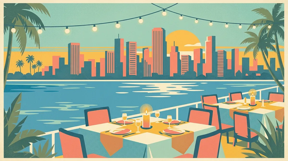 Retro postcard of an elegant riverside restaurant patio at golden hour